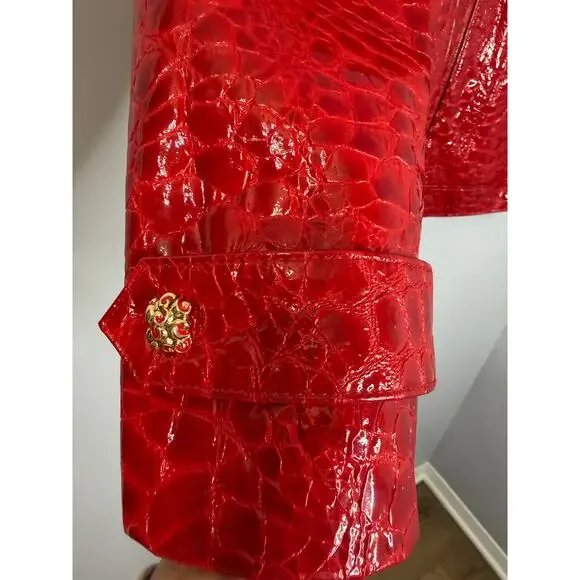 VTG St. John By Marie Gray Red Leather Women's Jacket Crocodile Embossed Sz 14